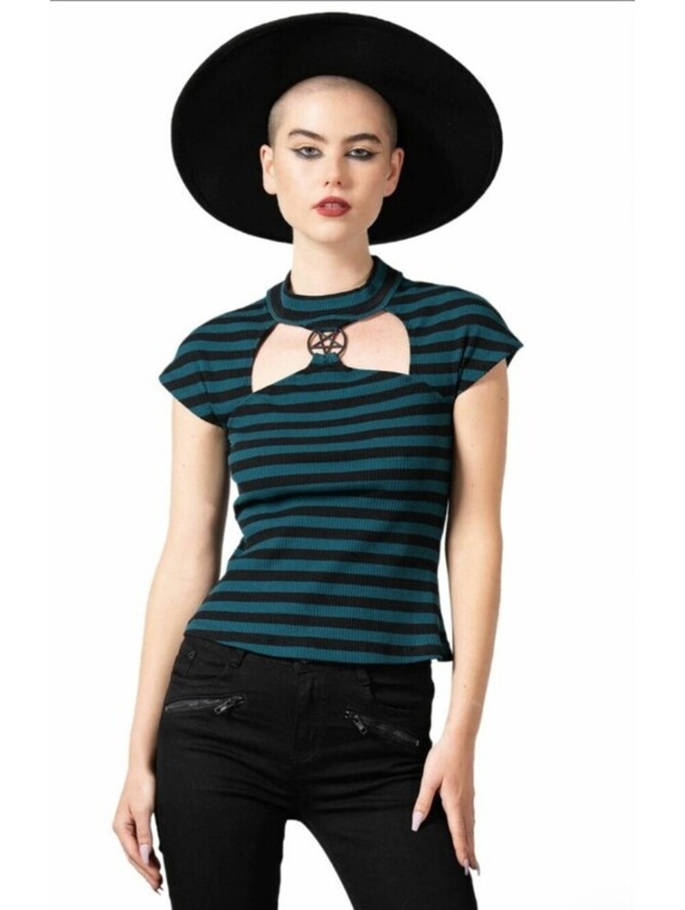 Killstar Lamia Black And Green Stripe Top Shirt With Pentagram Women's Sz S NEW